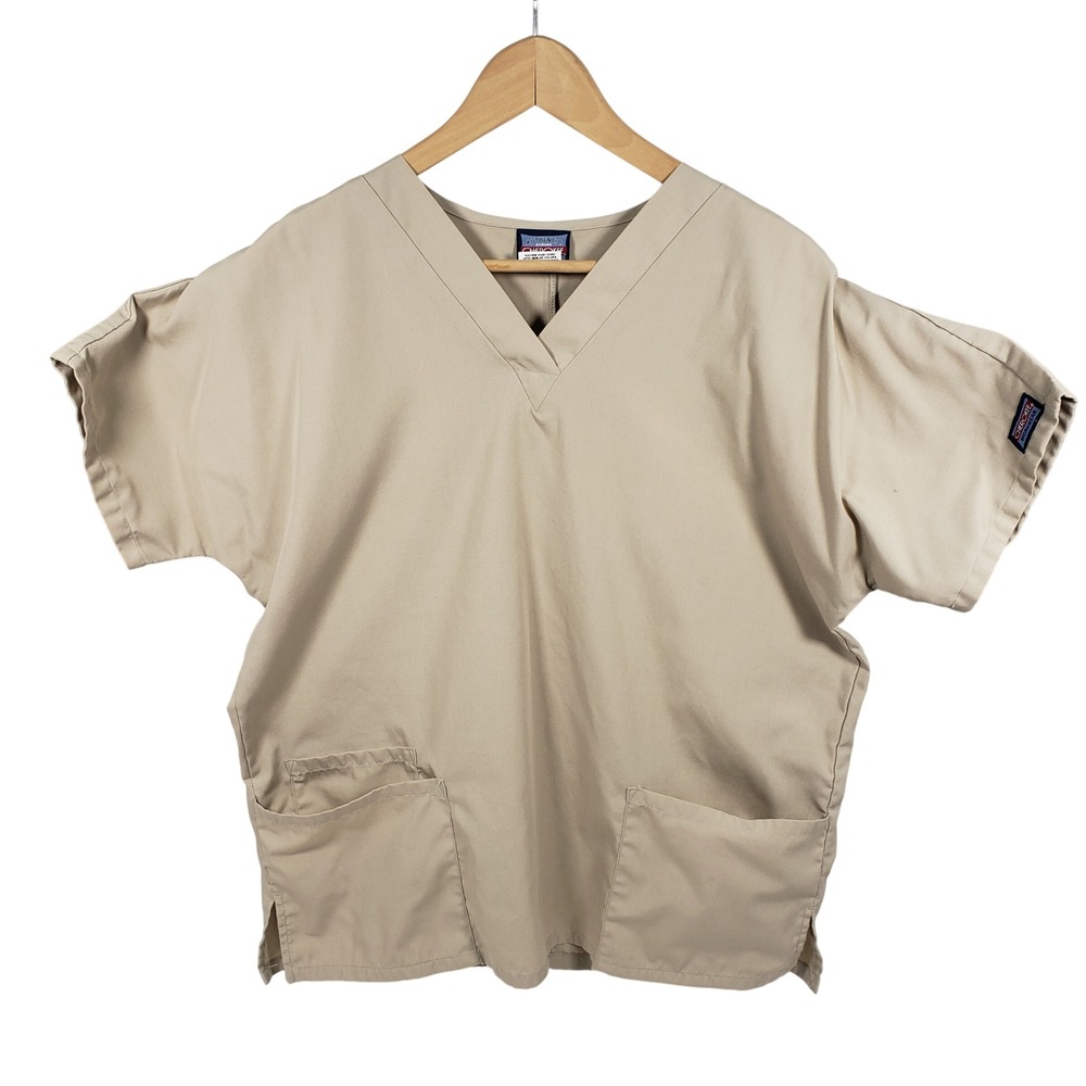 Cherokee Workwear Scrubs Top Medical Uniform Short Sleeve Pockets Tan Medium
